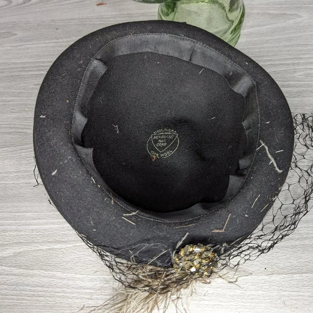 Vintage Merrimac 100% Black Wool Hat with Feathers and Jeweled Accent - Picture 8 of 10